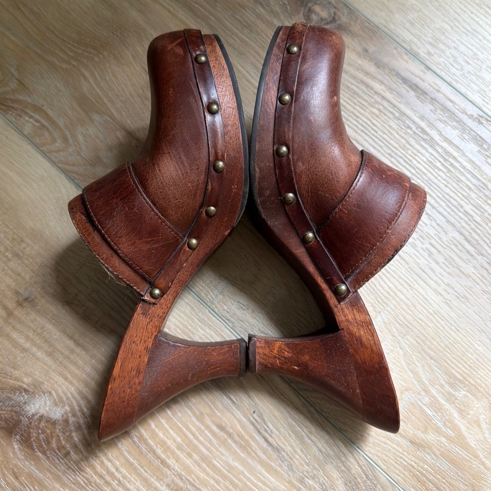 MIA Vintage Swedish Wooden Clogs Leather Platform Mules Womens Size 8 Y2K 70s